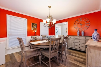 Dining room with crown molding, a chandelier, dark wood-type flooring, and a wainscoted wall