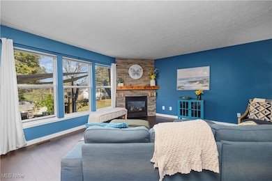 Living area featuring wood finished floors, a textured ceiling, and a stone fireplace