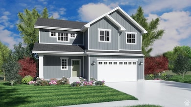 View of front of property featuring roof with shingles, an attached garage, a front yard, covered porch, and driveway