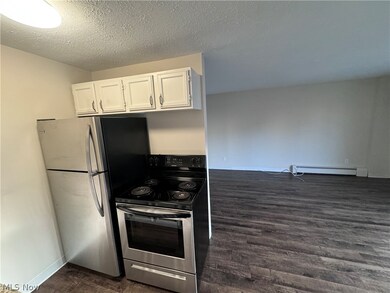Kitchen featuring appliances with stainless steel finishes, a textured ceiling, white cabinets, dark hardwood / wood-style floors, and baseboard heating