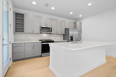 Kitchen featuring visible vents, gray cabinets, a