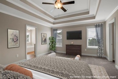 Bedroom featuring a tray ceiling, ornamental molding, and ceiling fan