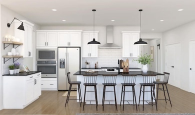 Kitchen with pendant lighting and floating shelves