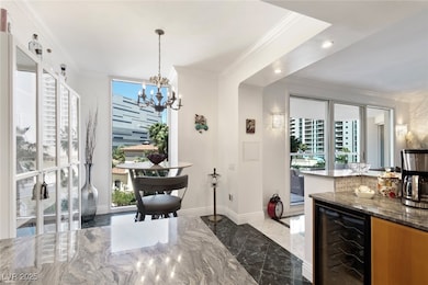 Dining area featuring beverage cooler, ornamental
