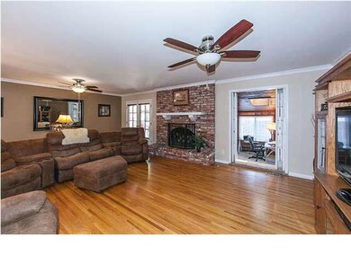 Wood burning brick fireplace in living room