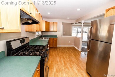 Kitchen with stainless steel appliances, under cabinet range hood, recessed lighting, light wood-style floors, and dark countertops