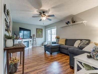 Living room featuring wood-type flooring and ceiling fan
