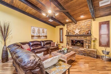 Stacked stone cozy fireplace!