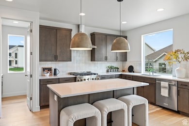 Kitchen with a breakfast bar area, dark brown cabinetry, light wood finished floors, recessed lighting, and appliances with stainless steel finishes