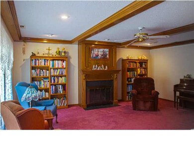 Cozy fireplace in spacious living room.