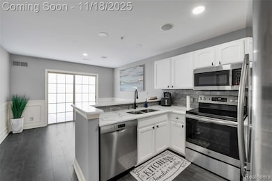Kitchen with appliances with stainless steel finishes, white cabinets, wainscoting, a peninsula, and dark wood-type flooring