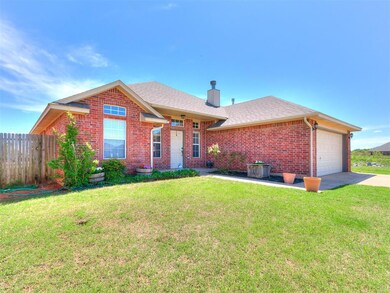 Ranch-style home with fence, a front yard, roof wi