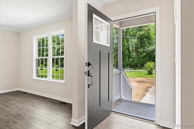 Entryway with crown molding, plenty of natural lig