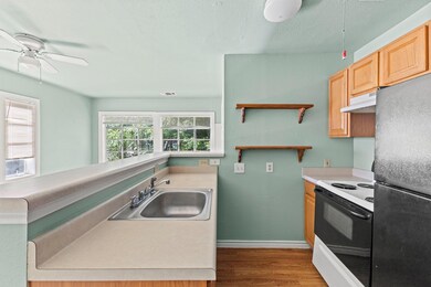 Kitchen with dark wood-style floors, electric sto