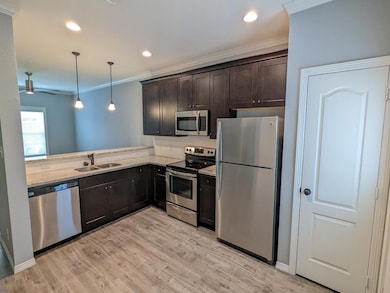 Kitchen with appliances with stainless steel finishes, dark brown cabinets, crown molding, pendant lighting, and light wood-style floors