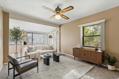 Living area featuring carpet, vaulted ceiling, a ceiling fan, and a textured ceiling