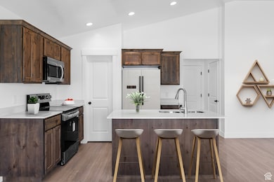 Kitchen featuring appliances with stainless steel finishes, light wood-style flooring, dark brown cabinetry, lofted ceiling, and recessed lighting