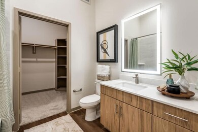 Bathroom with vanity, a shower with curtain, and t