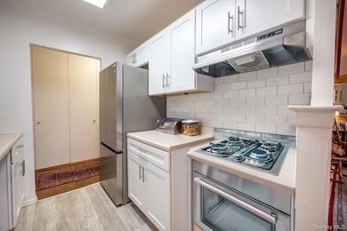 Kitchen with under cabinet range hood, stainless steel appliances, light countertops, decorative backsplash, and white cabinetry