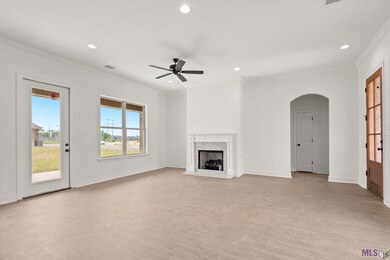 Living room with bedroom wing on right