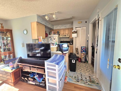Kitchen featuring light brown cabinetry, track lig