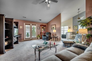 Carpeted living room with high vaulted ceiling, pl