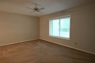 The living room has wide windows and plush carpet!