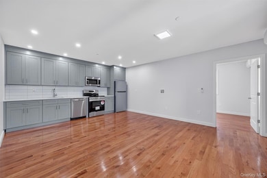 Kitchen with gray cabinetry, tasteful backsplash, stainless steel appliances, light wood-type flooring, and open floor plan