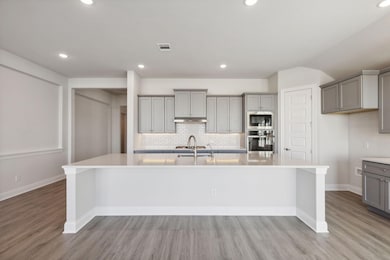 Kitchen with gray cabinetry, tasteful backsplash, recessed lighting, a large island with sink, and appliances with stainless steel finishes