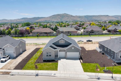 Aerial perspective of suburban area with a mountain backdrop