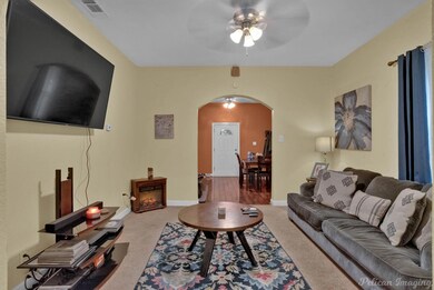 Carpeted living room featuring ceiling fan