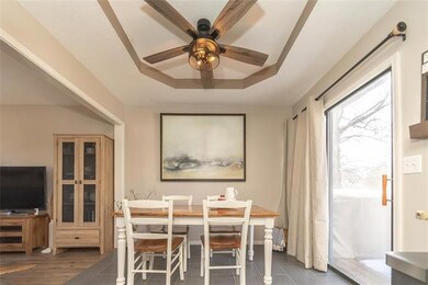 Dining room with coffered ceiling.