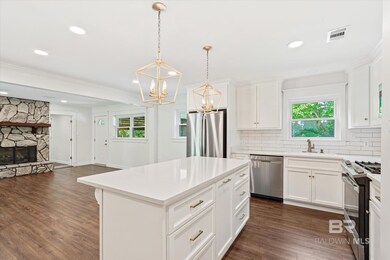 Kitchen featuring a stone fireplace, white cabinetry, dark hardwood / wood-style flooring, and stainless steel appliances