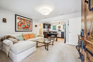 Living room featuring light colored carpet
