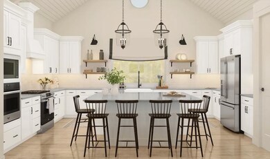 Kitchen with pendant lighting and vaulted ceiling