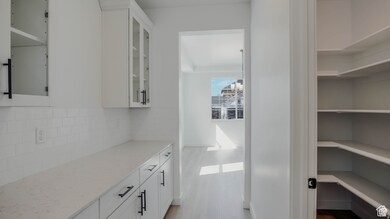 Bar area with white cabinets, light wood-style flooring, light stone countertops, and decorative backsplash