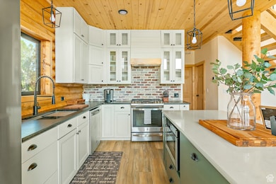 Kitchen with white cabinetry, pendant lighting, stainless steel appliances, light wood-type flooring, and tasteful backsplash