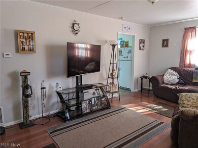 Living room featuring dark wood-type flooring and ornamental molding