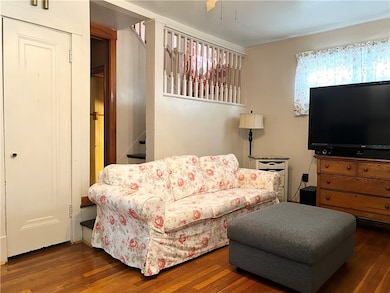 Coat closet and entry (behind couch) to upper leve