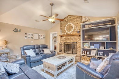 Gorgeous living room with cozy wood fireplace