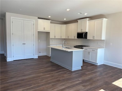 Kitchen with tasteful backsplash, white cabinetry, stainless steel appliances, dark wood-style flooring, and recessed lighting