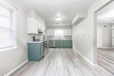 Kitchen featuring green cabinetry, white cabinetry, a textured ceiling, appliances with stainless steel finishes, and light wood-type flooring