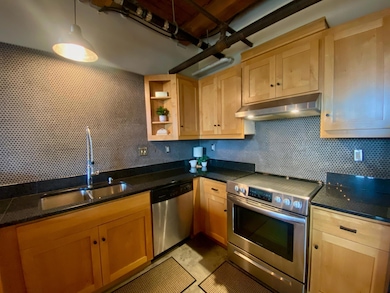 Gorgeous granite countertops are flanked by a decorative penny tile backslash and industrial accents like the heavy duty goose neck sink faucet.