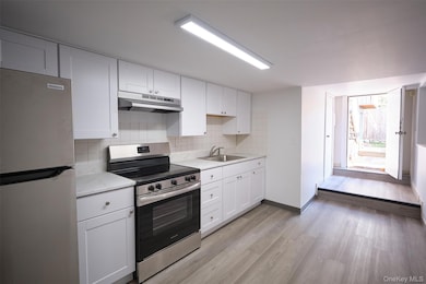 Kitchen with stainless steel appliances, white cabinetry, backsplash, under cabinet range hood, and light wood-type flooring