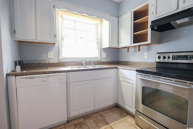 Kitchen with stainless steel electric stove, a sin