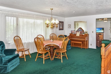 Carpeted dining area featuring a textured ceiling and a chandelier