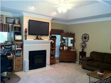 Den with trey ceiling and fire place