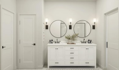 Primary bath with freestanding vanity
