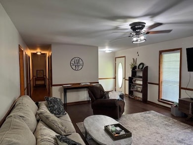 Living room featuring a ceiling fan and plenty of natural light