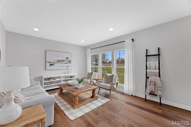 Living room with wood finished floors and recessed lighting